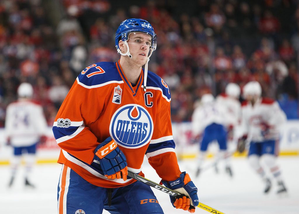 Connor McDavid warms up before a game.