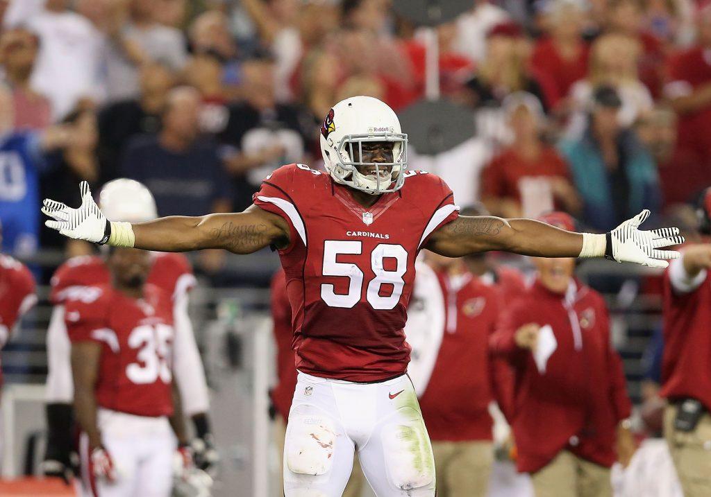 Inside linebacker Daryl Washington #58 of the Arizona Cardinals celebrates a win.