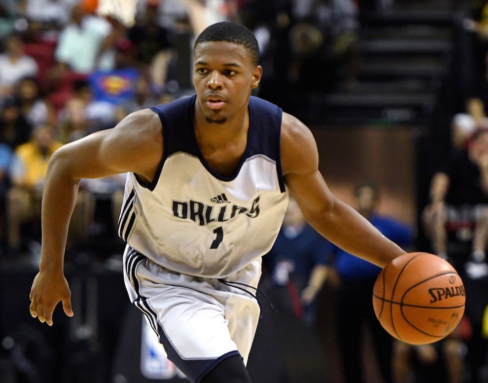 Dennis Smith Jr. looks to make something happen. Dennis Smith Jr. brings up the ball.