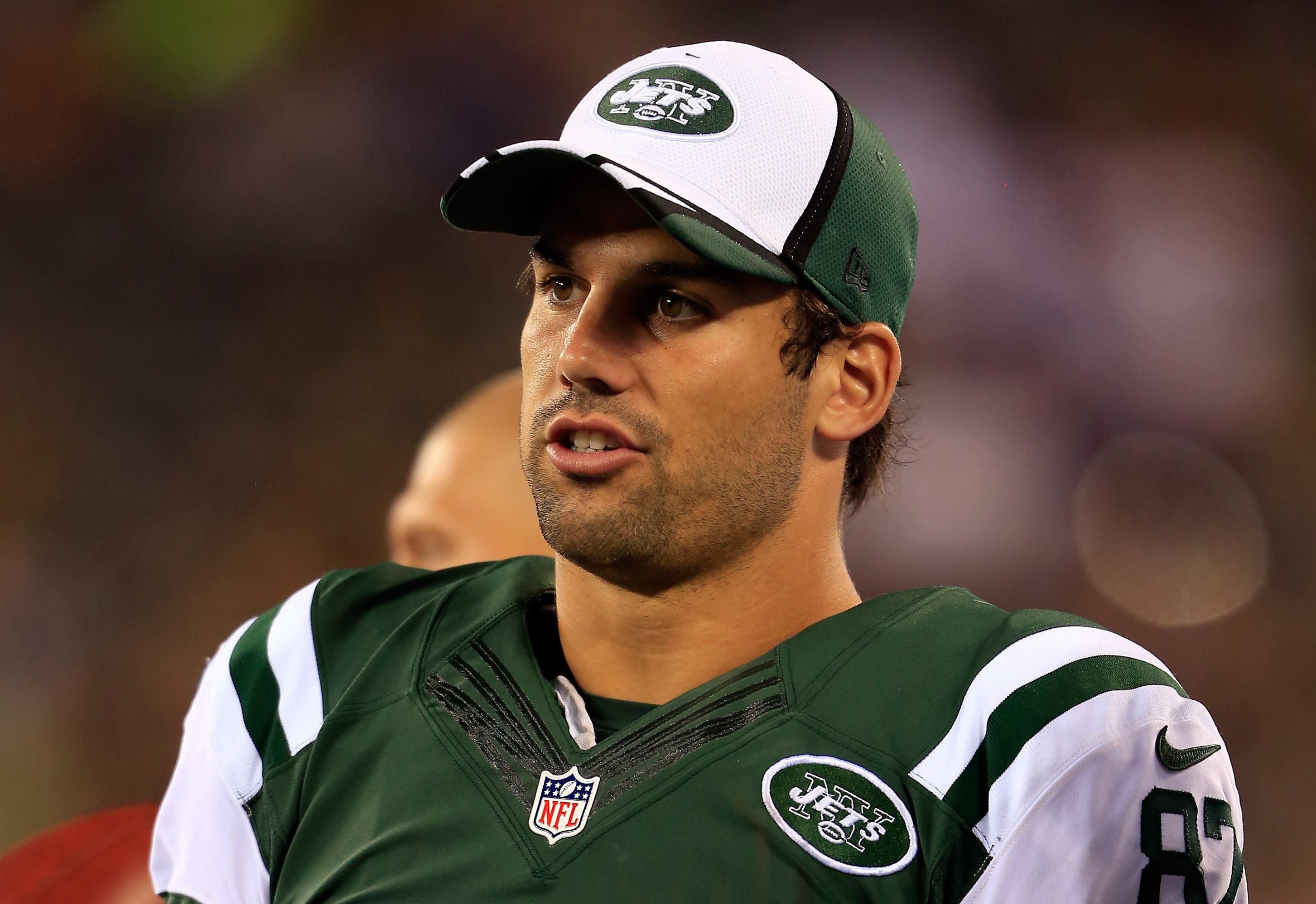 Eric Decker #87 of the New York Jets looks on against the Indianapolis Colts during a preseason game at MetLife Stadium on August 7, 2014 in East Rutherford, New Jersey. (Photo by Alex Trautwig/Getty Images)