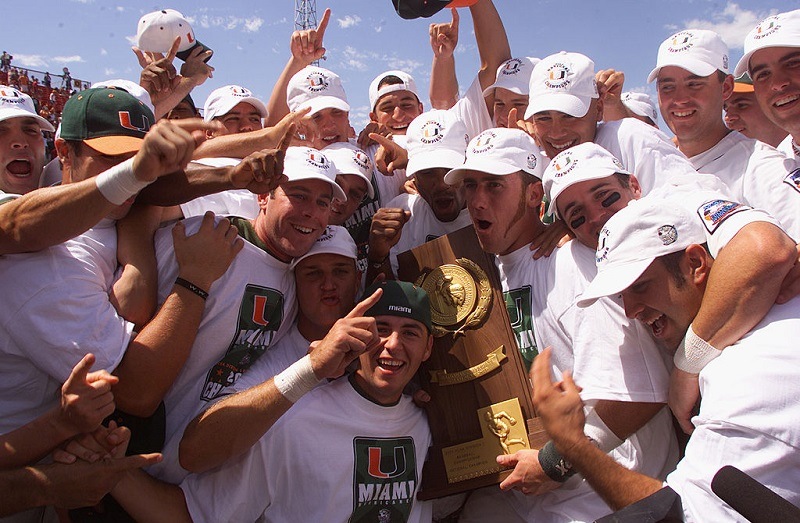 The Miami Hurricanes hold up the NCAA trophy after their win over the Stanford Cardinals in the 2001 College World Series. 