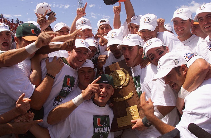The Miami Hurricanes hold up the NCAA trophy after their win over the Stanford Cardinals in the 2001 College World Series.