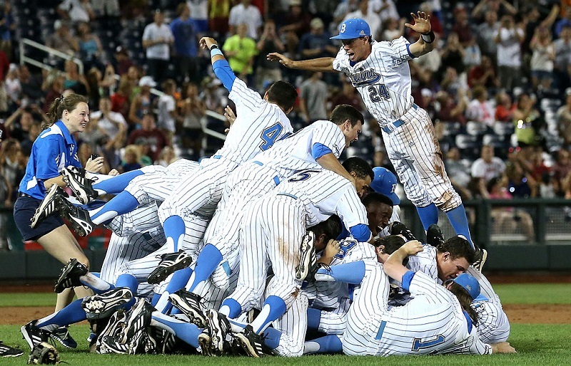 The UCLA Bruins celebrate the final out against the Mississippi State Bulldogs during Game 2 of the 2013 College World Series Finals.