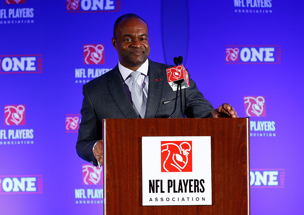 Executive Director of the National Football League Players Association, DeMaurice Smith, talks with the media.