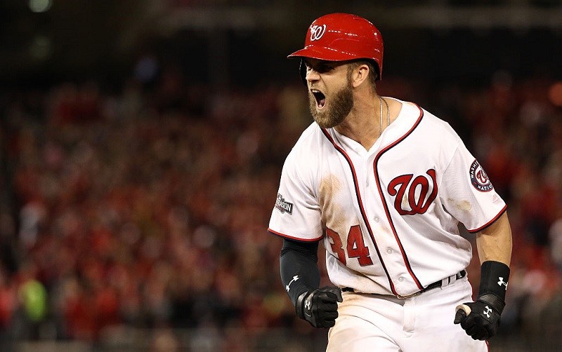 Bryce Harper yells in celebration