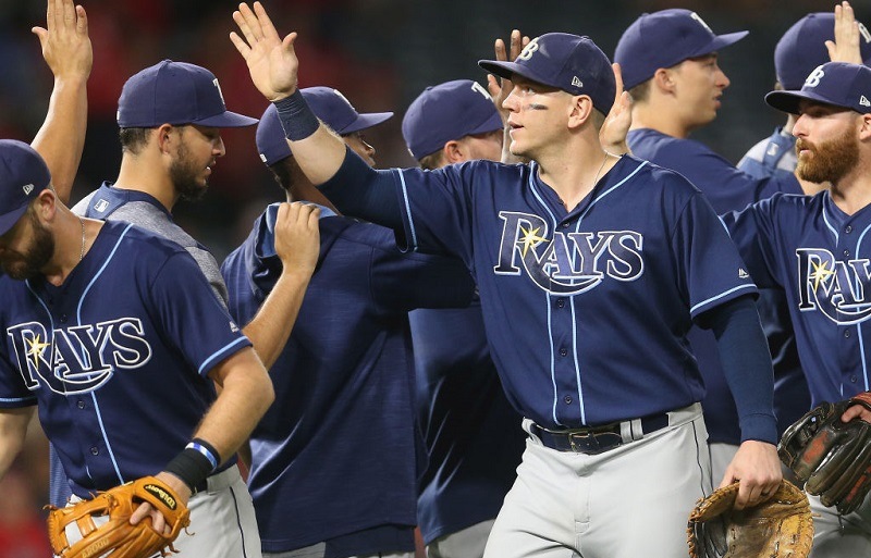 The Tampa Bay Rays celebrate at Angel Stadium of Anaheim.