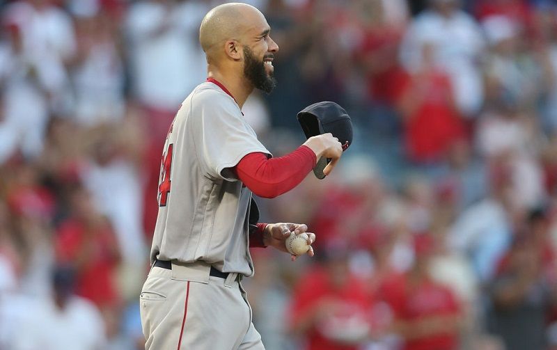 David Price of the Boston Red Sox smiles after a home run.