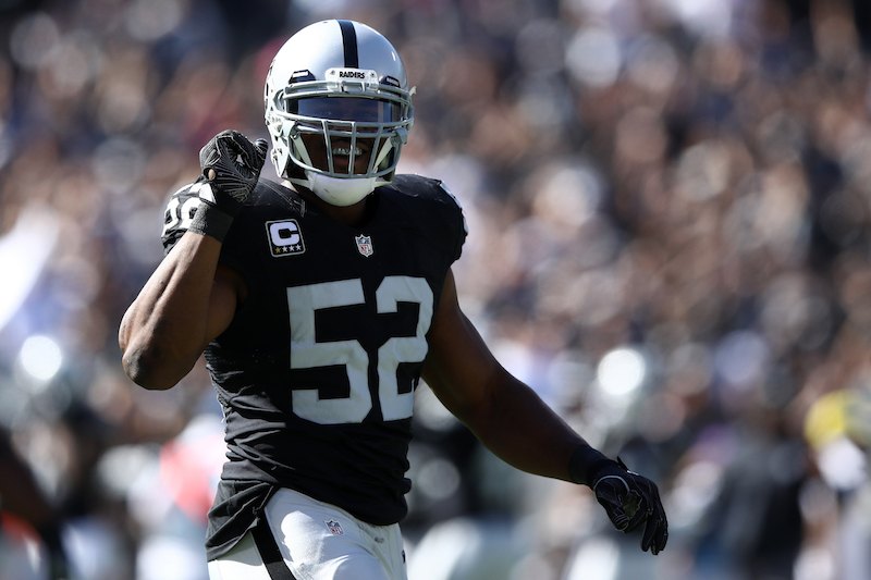 Khalil Mack #52 of the Oakland Raiders reacts after a play.