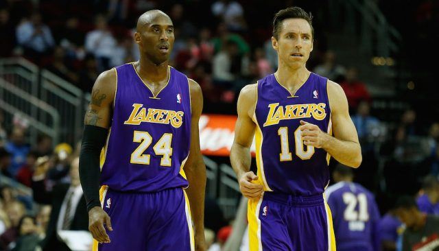 Kobe Bryant and Steve Nash playing for the Lakers. Kobe Bryant and Steve Nash on the court together.