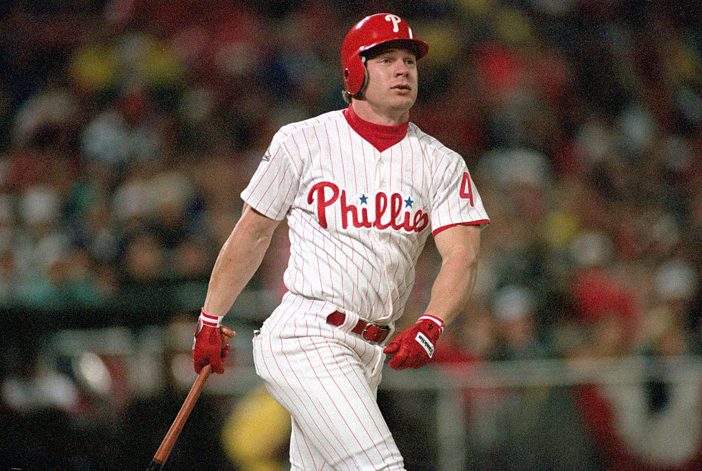 Lenny Dykstra of the Philadelphia Phillies bats during Game 3 of the 1993 World Series.