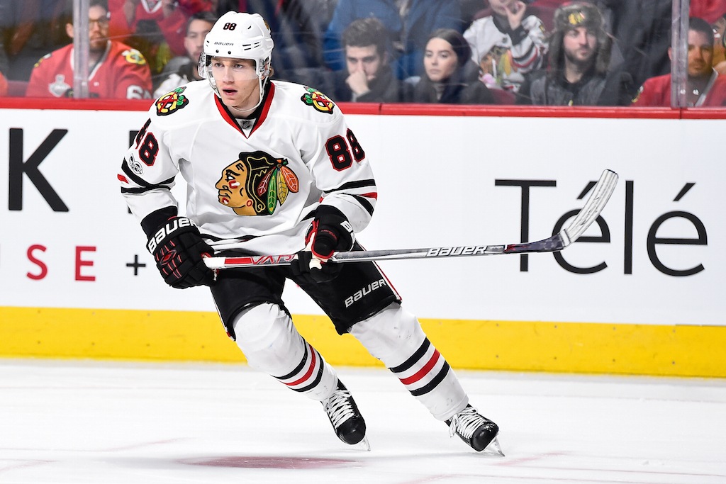 Patrick Kane skates during a game against Montreal