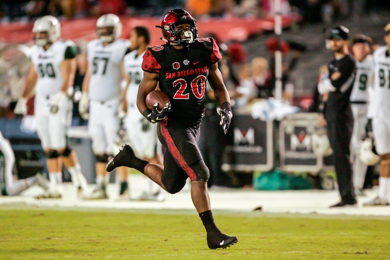 Rashaad Penny of the San Diego State Aztecs runs with the ball.