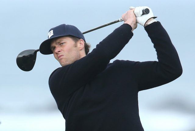 Tom Brady hits a tee shot.