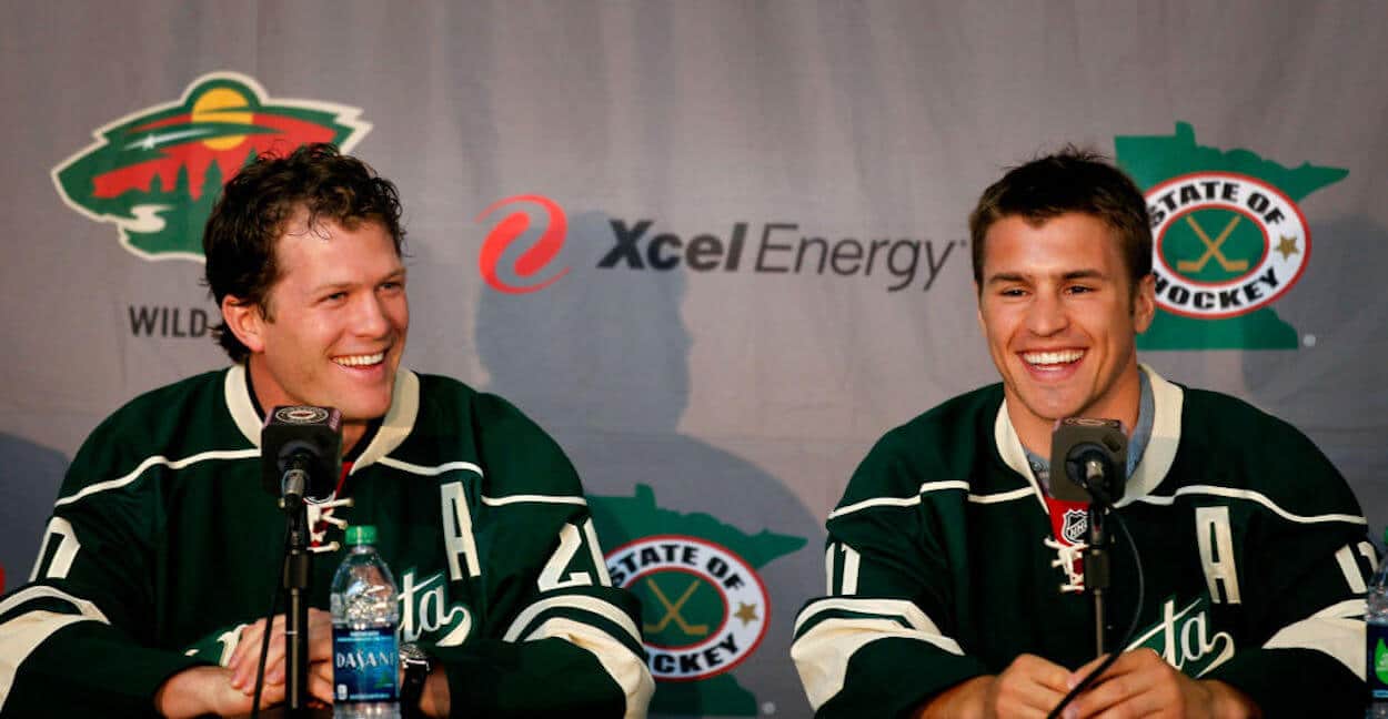 Zach Parise (R)and Ryan Suter (L) are introduced at a Minnesota Wild press conference.