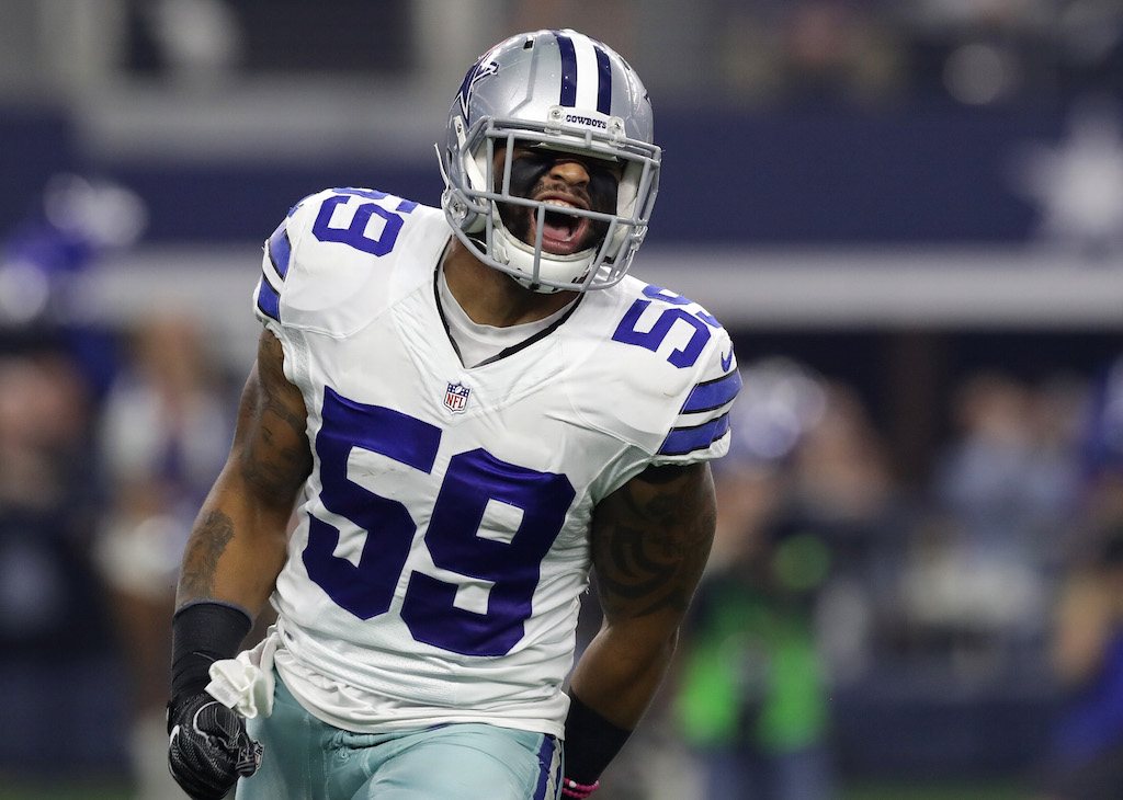 Anthony Hitchens is pumped. Anthony Hitchens celebrates a sack.