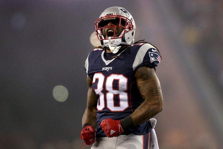 Brandon Bolden #38 of the New England Patriots reacts during a game.