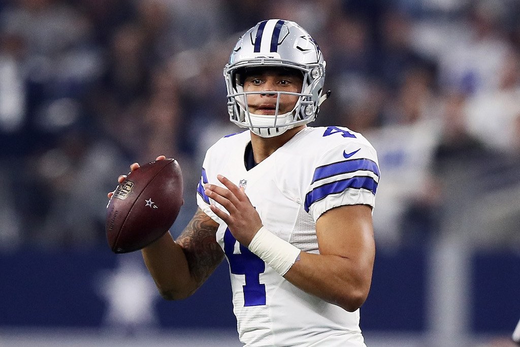 Dak Prescott looks to throw. Dak Prescott keeps his eyes down the field.