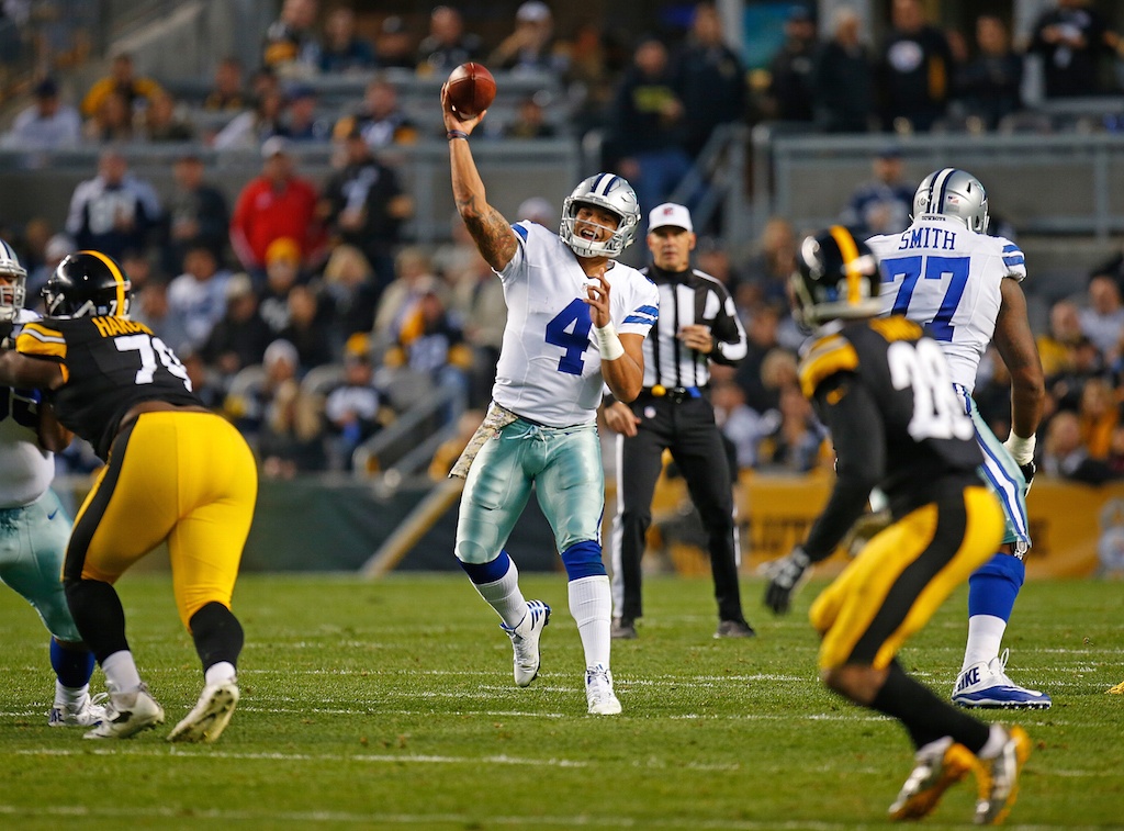 Dak Prescott airs it out against the Steelers. Dak Prescott throws a pass against the Steelers.