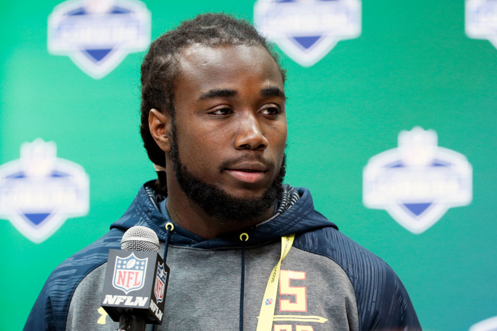 Running back Dalvin Cook of Florida State answers questions from the media. 