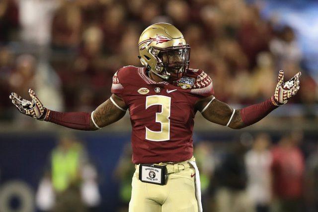 Derwin James looks on in between plays. Derwin James reacts to a play against Ole Miss.