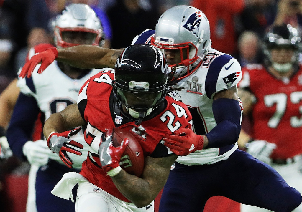 Devonta Freeman is difficult to bring down. Devonta Freeman drags would-be tacklers.