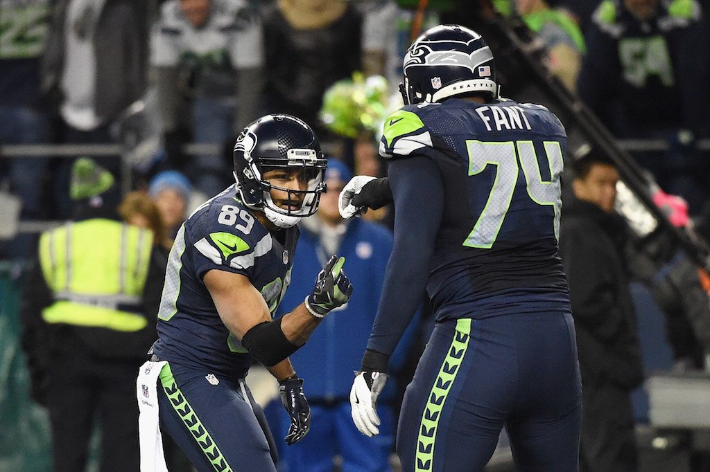 The Seahawks are fired up after a touchdown. Doug Baldwin (L) and George Fant celebrate a touchdown.