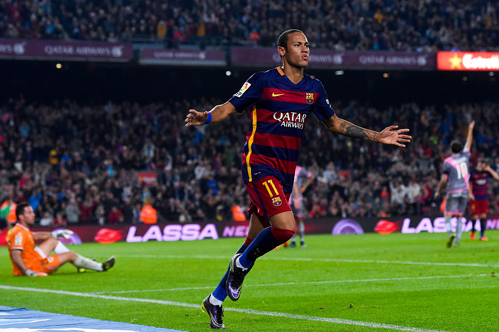 Neymar of FC Barcelona celebrates after scoring a goal.