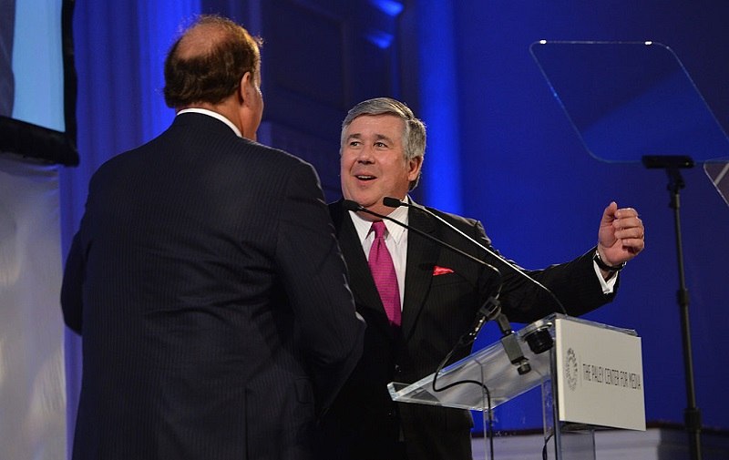 ESPN anchors Chris Berman (L) and Bob Ley attend the Paley Prize Gala honoring ESPN's 35th anniversary in 2014.