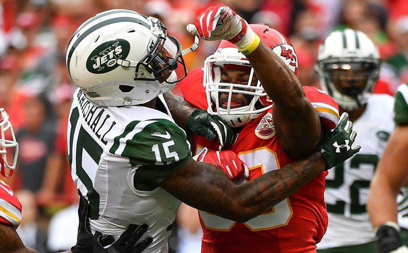 Justin March-Lillard hits Brandon Marshall in the head in September 2016.