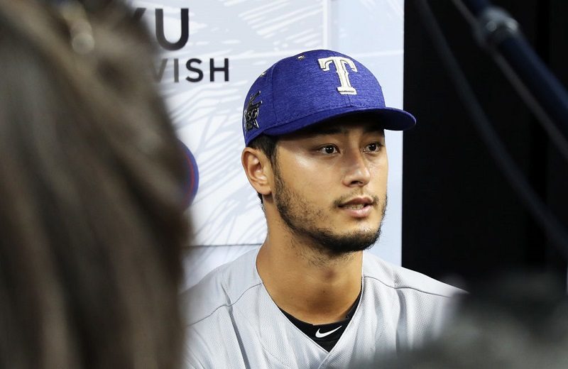 Yu Darvish speaks to media during Gatorade All-Star Workout Day.
