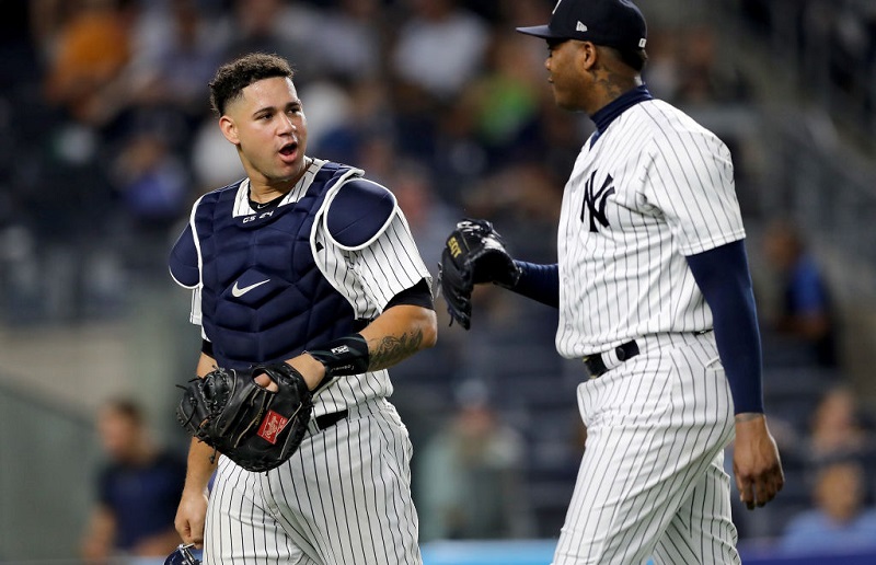 Aroldis Chapman and Gary Sanchez talk following a win on July 27 2017 at Yankee Stadium.