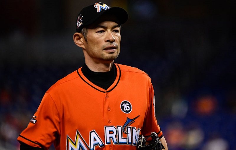 Ichiro Suzuki #51 of the Miami Marlins runs to the dugout.