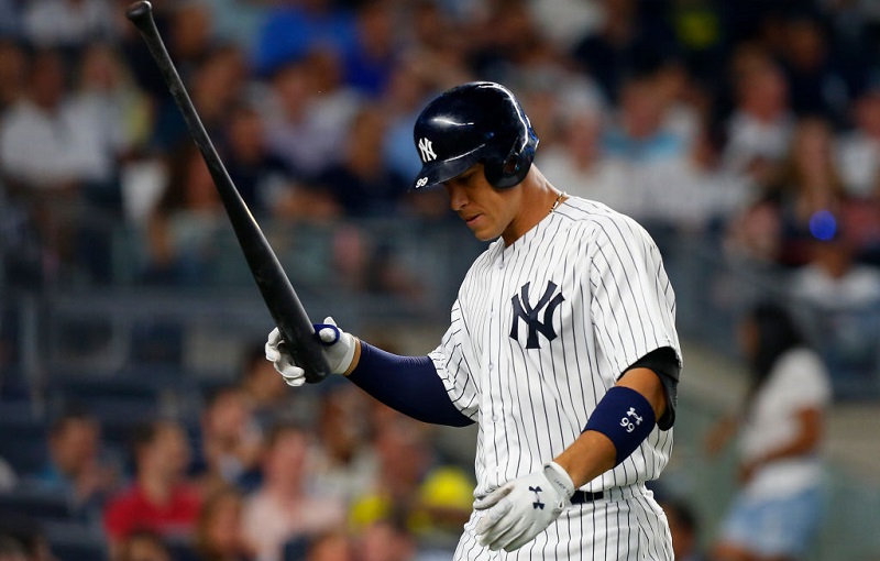 Judge reacts after striking out at Yankee Stadium on August 1, 2017 in the Bronx borough of New York City.