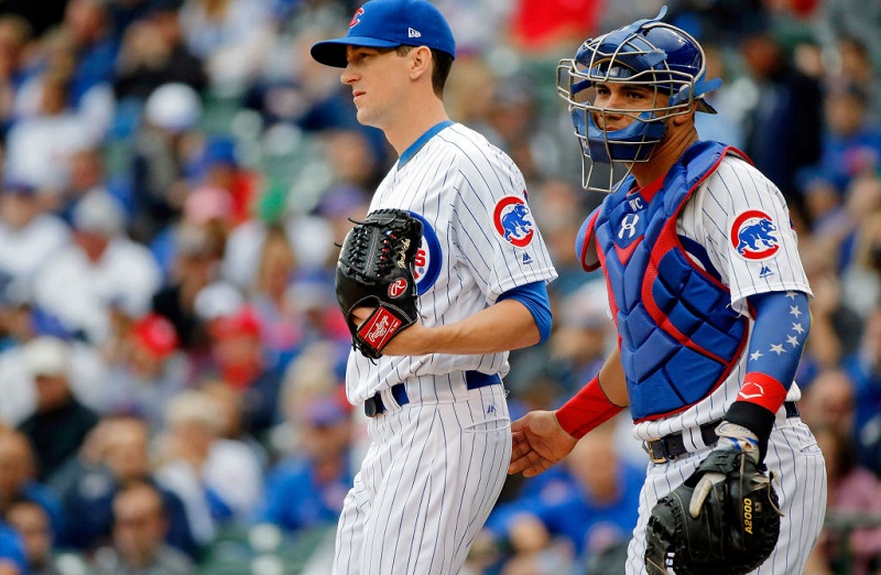 Kyle Hendricks and Willson Contreras at Wrigley Field on August 4, 2017 in Chicago, Illinois.