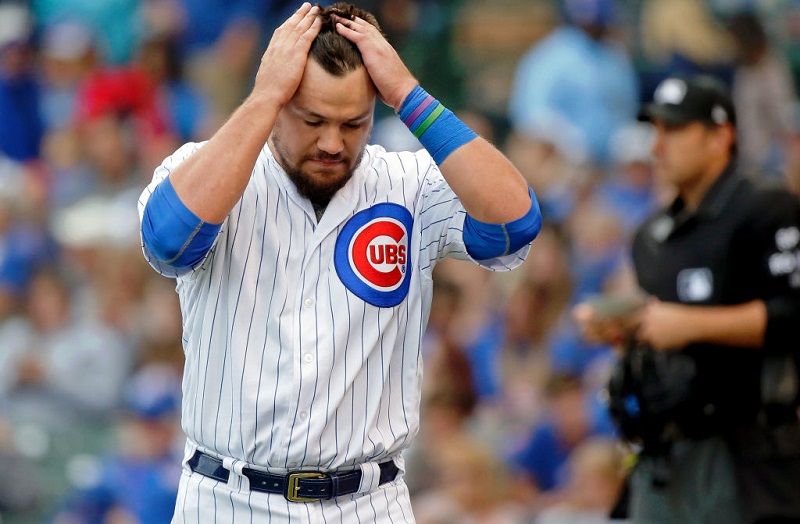 Cubs player Kyle Schwarber reacts after striking out on August 4, 2017.
