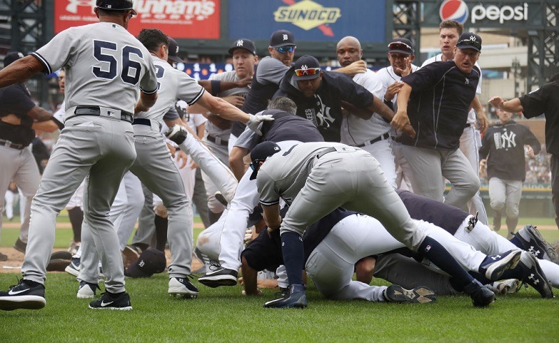DETROIT, MI - AUGUST 24: The New York Yankees and Detroit Tigers get into a bench clearing fight in the sixth inning at Comerica Park on August 24, 2017 in Detroit, Michigan. 