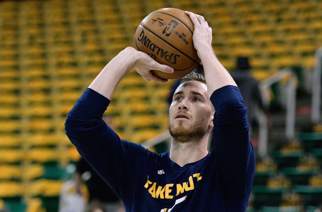 Gordon Hayward puts up shots before the game. Gordon Hayward warms up before a game.