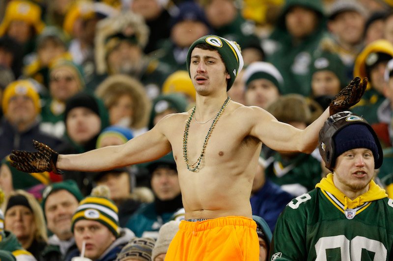 A fan of the Green Bay Packers goes shirtless during a game against the Philadelphia Eagles.