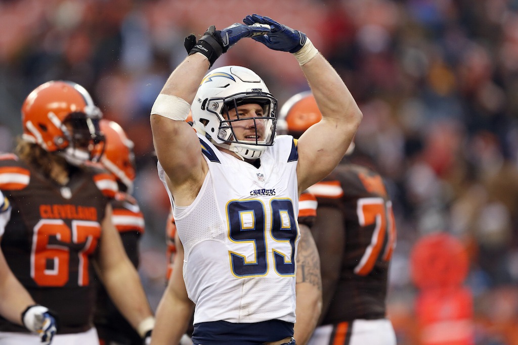 Joey Bosa adds another sack to the resume. Joey Bosa reacts to a sack.