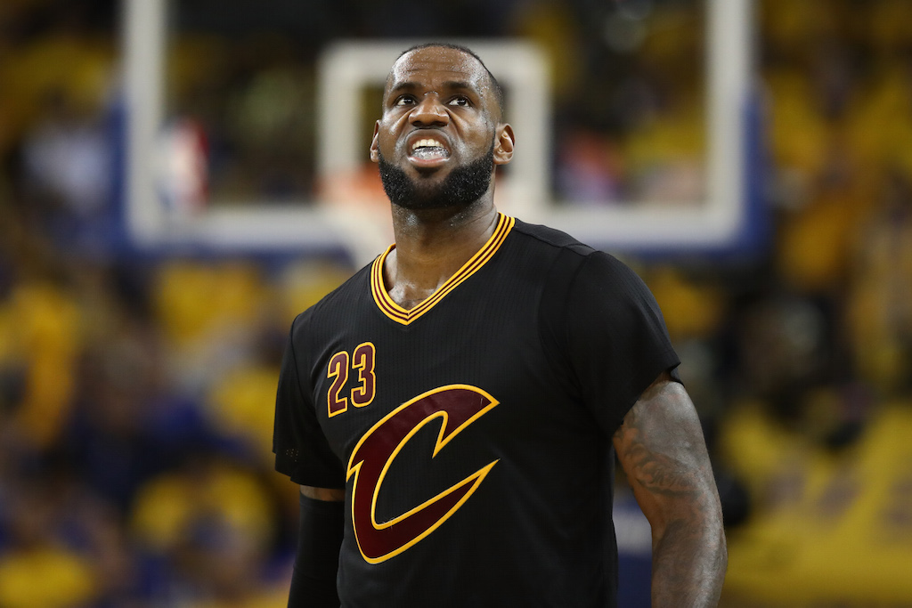 LeBron James looks up at the clock during the Finals. LeBron James looks on during the NBA Finals.
