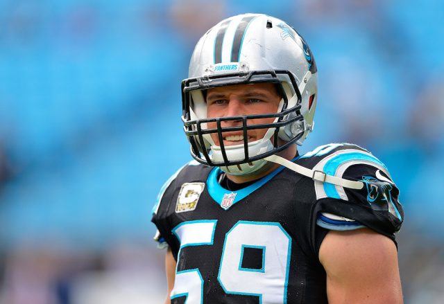 Luke Kuechly is ready for battle. Luke Kuechly looks on before the game.