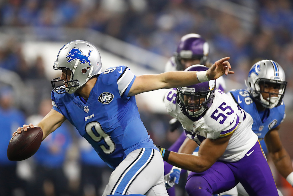 Matthew Stafford shows his durability. Matthew Stafford scrambles away from pressure.