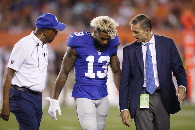Odell Beckham Jr. is hurt during the preseason. Odell Beckham Jr. walks off the field after getting injured in the preseason.