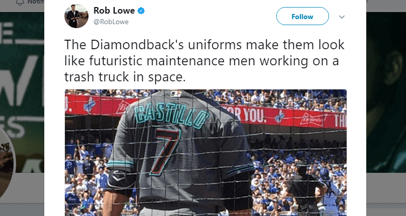 Tweet from Rob Lowe mocking the new D-Backs uniforms during their first trip to LA.