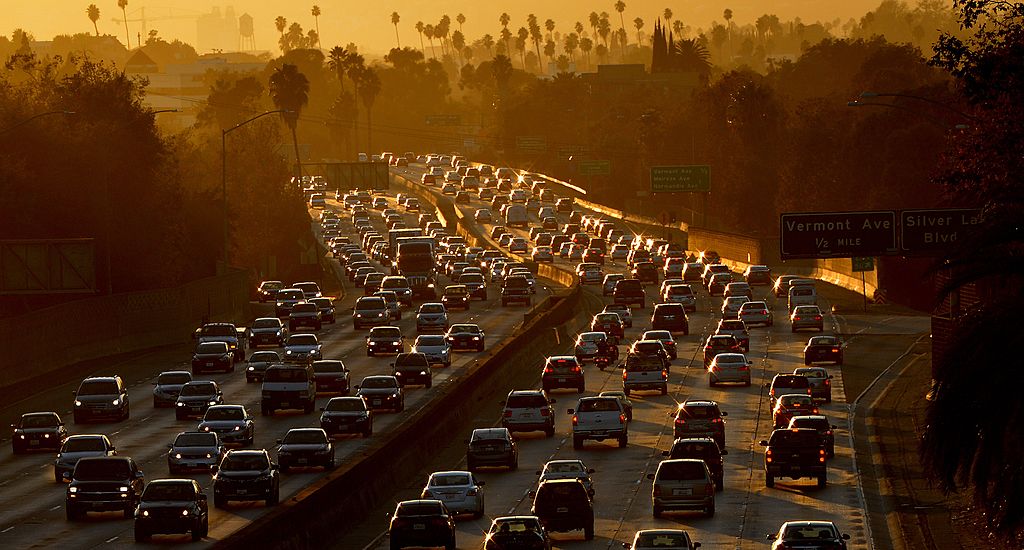 Heavy traffic clogs the 101 Freeway