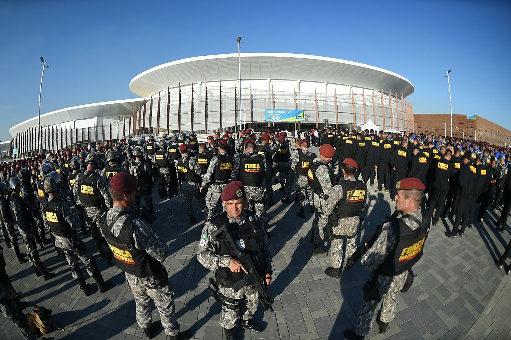 Troops fall in at the Olympic Village in Rio de Janeiro, Brazil