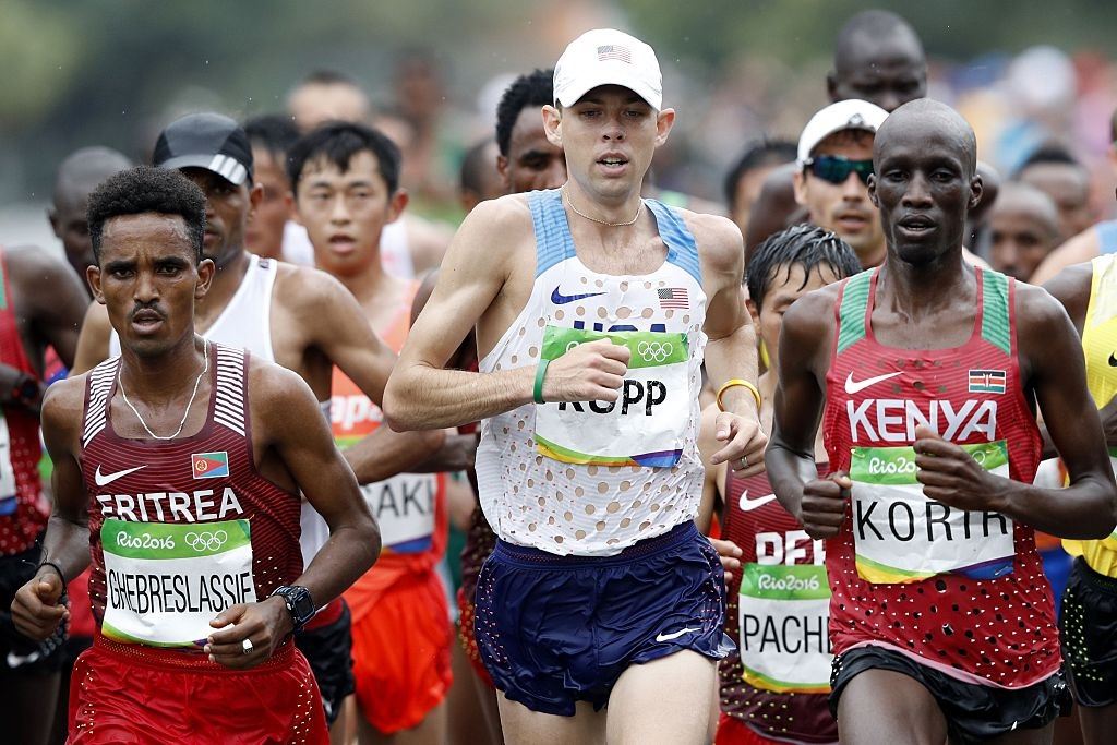 Galen Rupp runs during the Men's Marathon athletics event Galen Rupp runs