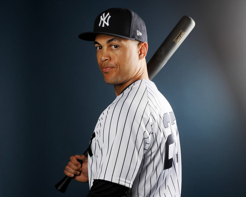 Giancarlo Stanton of the New York Yankees poses for a portrait during the New York Yankees photo day.