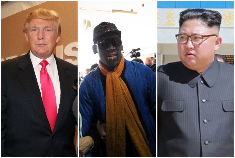 This composite image shows Donald Trump, Dennis Rodman, and Kim Jong Un