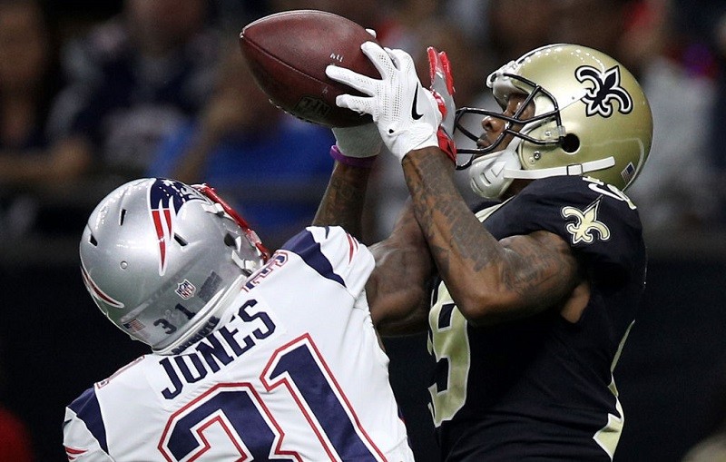 Game shot of Patriots vs. Saints at the Mercedes-Benz Superdome on September 17, 2017 in New Orleans, Louisiana.